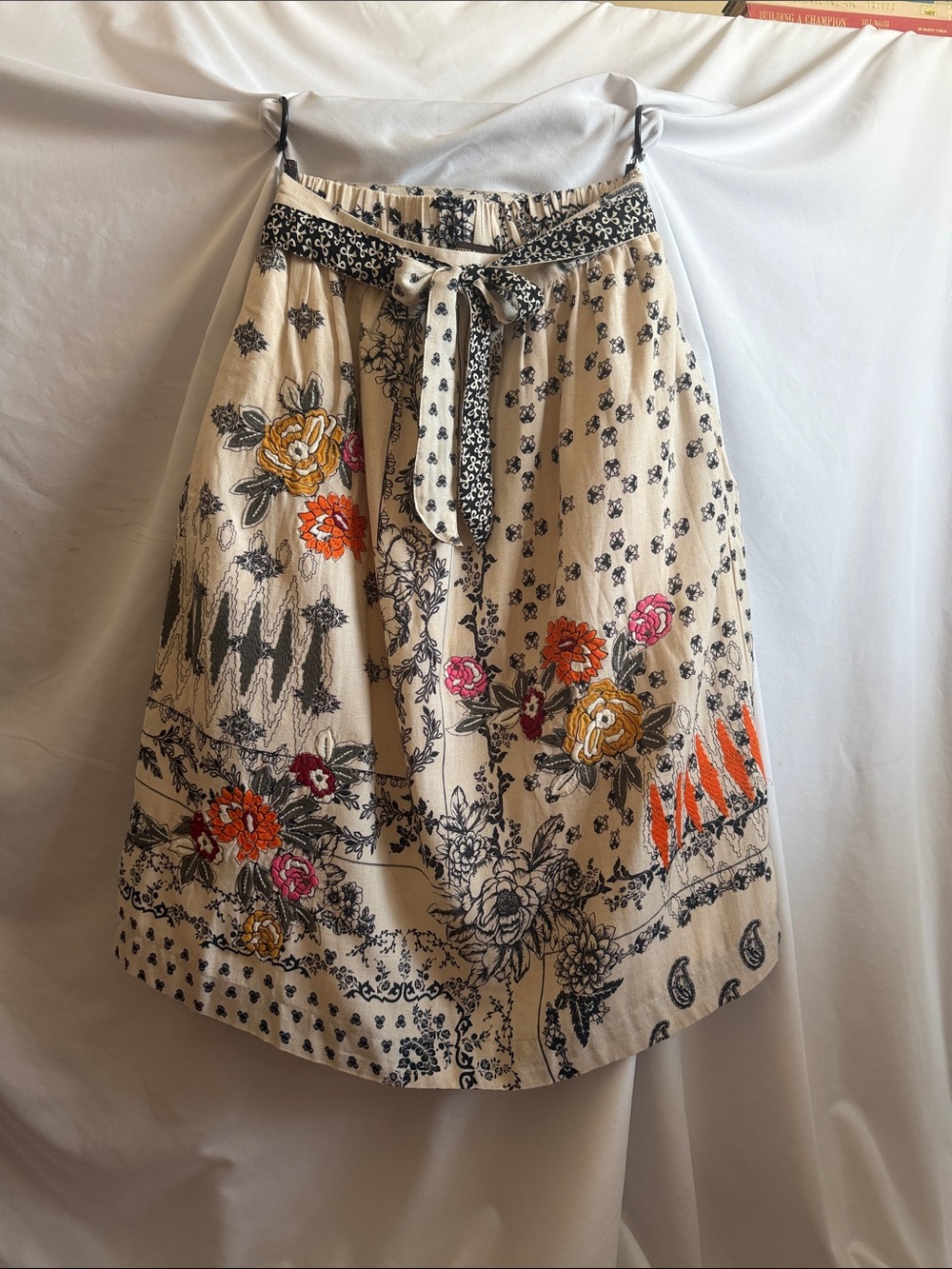 Embroidered Floral Beige Cotton Skirt